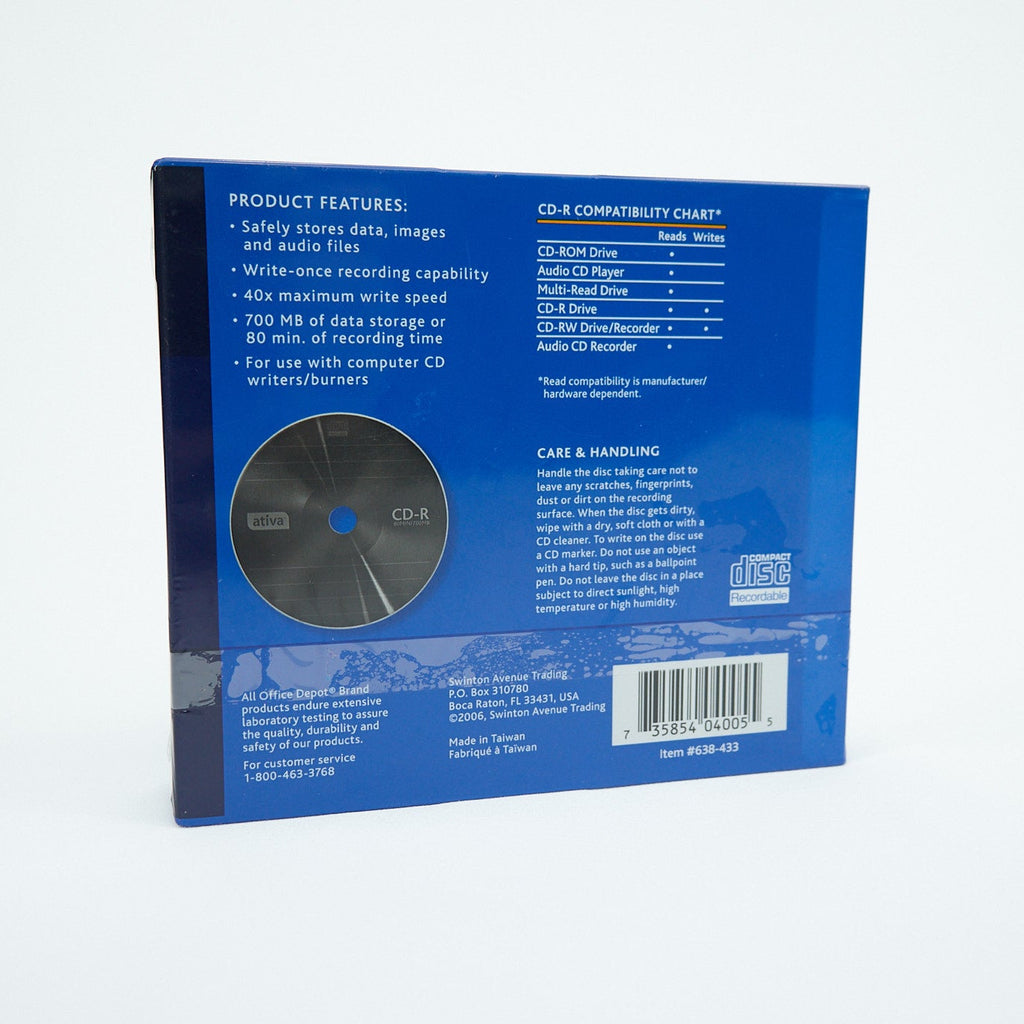 Back view of a blue CD-RW disc packaging with text and a barcode on a white background