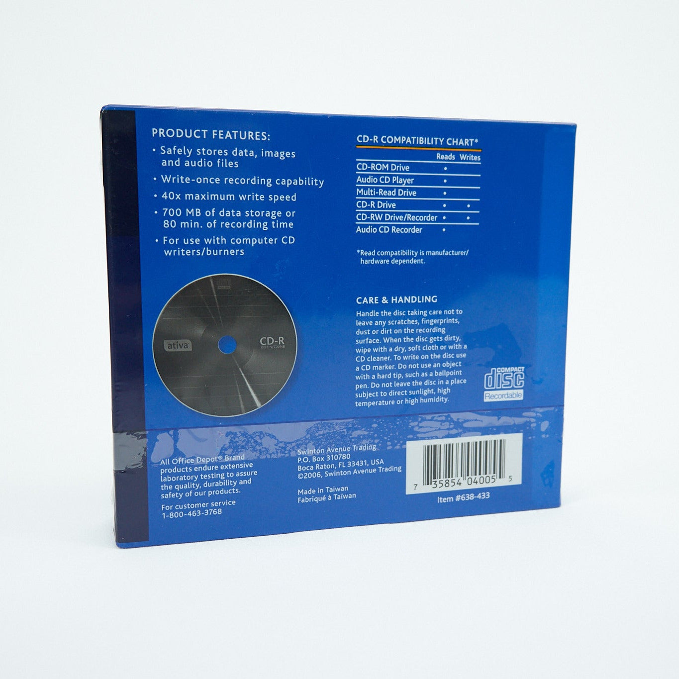 Back view of a blue CD-RW disc packaging with text and a barcode on a white background